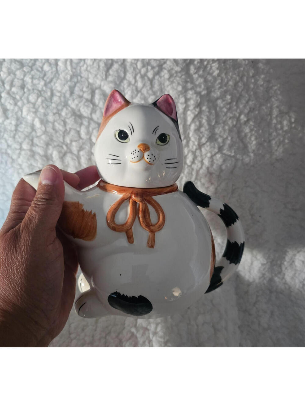 Vintage Chubby Cat Tea Pot 7" Porcelain Ceramic Multicolor 2pc Thailand Decor - Picture 16 of 16